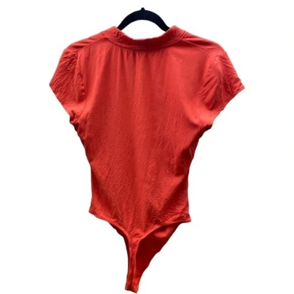 Free People Red Orange V Neck Asymmetrical Ruched Short Sleeve Bodysuit S